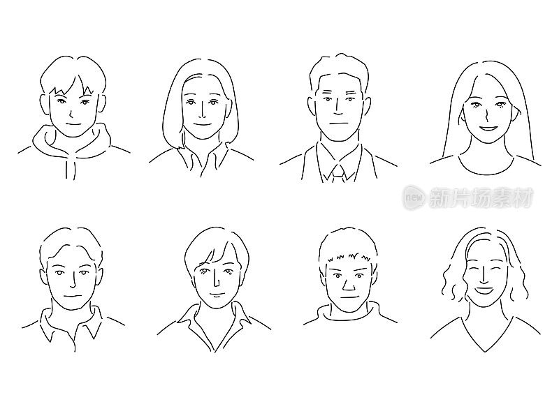 Illustration set of men and women with various faces (white background, vector, cut out, line art)